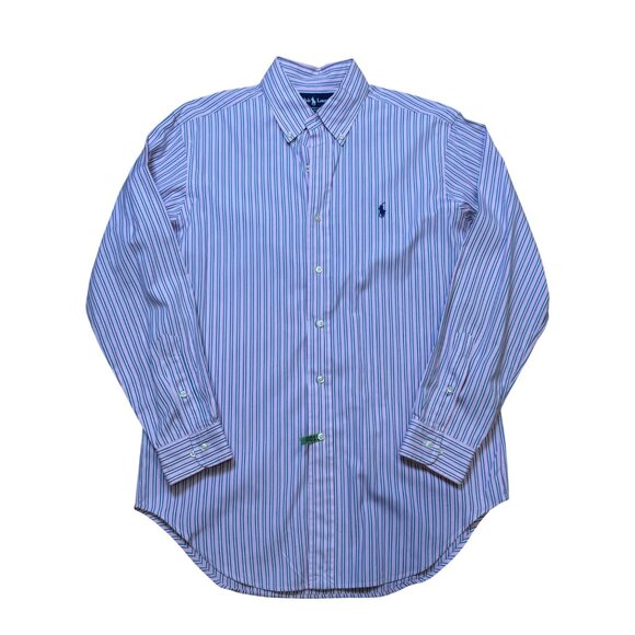 90s Ralph Lauren Mens Cotton Button Down Striped Shirt Pink Blue White 32/33 - Picture 1 of 8